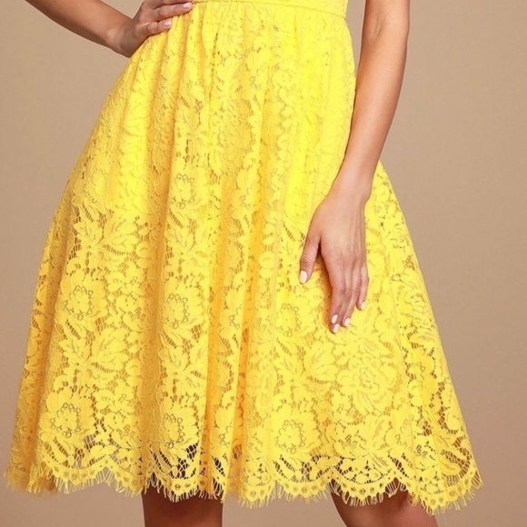 LULU'S Love Swept Yellow Lace Midi Skater Dress - Picture 4 of 12